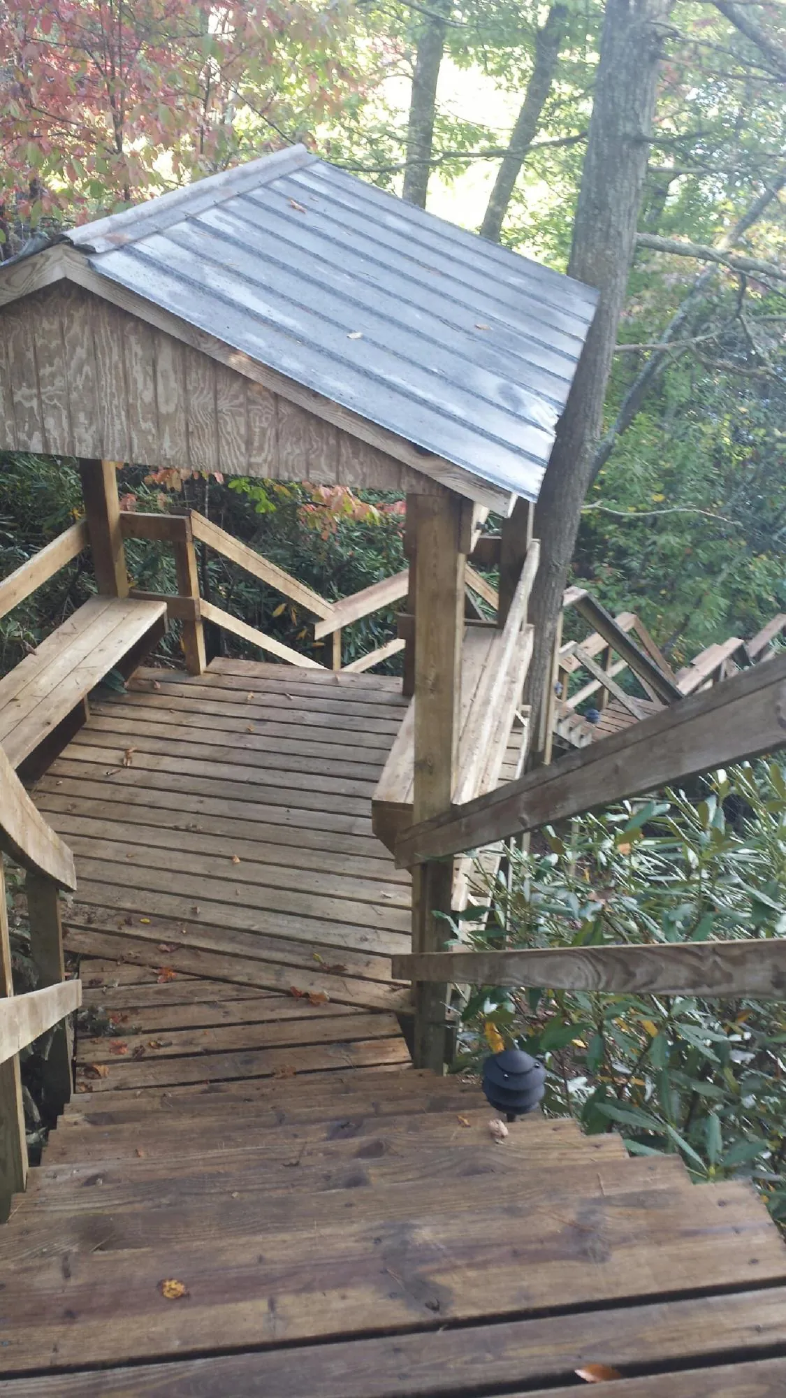 Metal roofed shelter over wooden steps on a wooded walkway — Skylight Repair & Installation work by our crew in Loughman